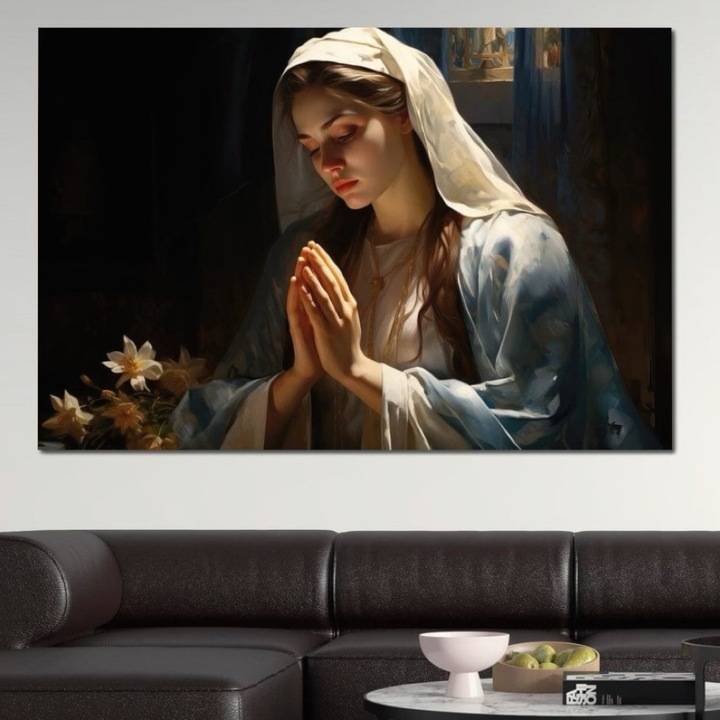 Премиум картина върху платно, LuxCanva® H1037, Майка на светлината, 100 X 150 см, 100% памучно платно 400 г/м2, дървена рамка, Дева Мария, Молитва, Светлина, Вяра, Мир, Благодат, Нежност, Божествено, Религиозно изкуство, Хол, Спалня