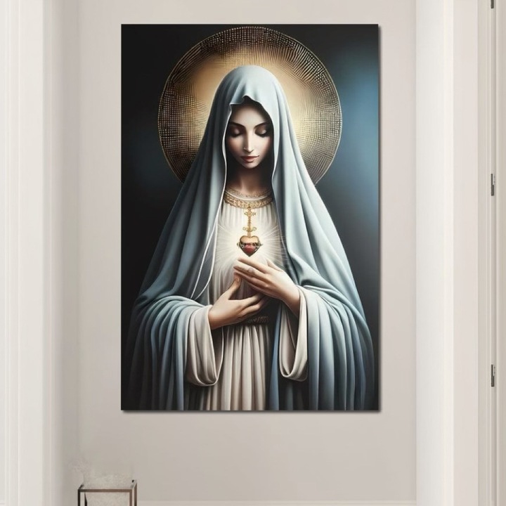 Премиум картина върху платно, LuxCanva® H1039, В обятията на вярата, 100 X 150 см, 100% памучно платно 400 г/м2, дървена рамка, Дева Мария, Молитва, Светлина, Вяра, Мир, Благодат, Нежност, Божествено, Религиозно изкуство, Хол, Спалня