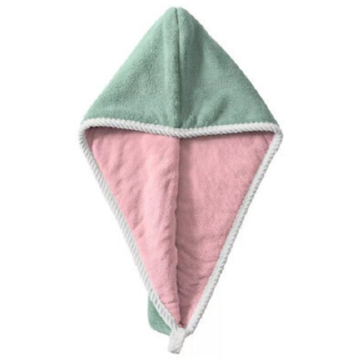 Prosop de tip turban cu nasture pentru uscare rapida par, microfibra, 60 x 24 cm, verde, coshop®