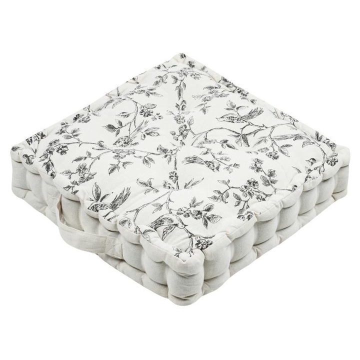 Perna de podea, STOF, Clarine, Alb, verde, 45 x 45 cm, Material, Motiv de plante si pasare, Umplutura: spuma, Maner de transport, Destinatie: interior, Pentru adulti