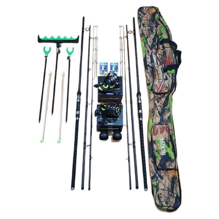 Set 2 Lansete, eastshark, Feeder, Carbon, Reglabile 3.60m - 4.10m, 2 Mulinete Tambur 5000, Senzori, Suporti, Geanta Transport
