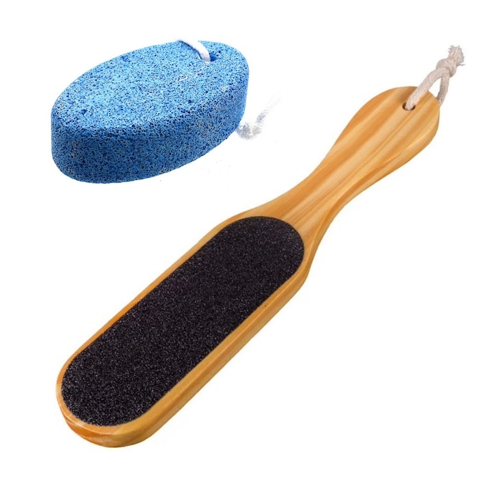 Pila calcaie profesionala din lemn cu 2 fete si Piatra ponce, pentru ingrijire calcaie, model oval, bleu