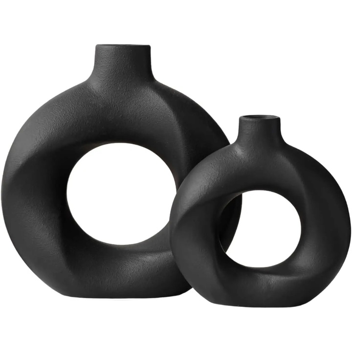 Set 2 Vaze Decor Ceramica Elindor® pentru Living, Dormitor, Baie, Birou, Decoratiuni Moderne Boho Stil Minimalist pentru Flori Uscate sau Naturale, Dimensiuni Diferite, Negru