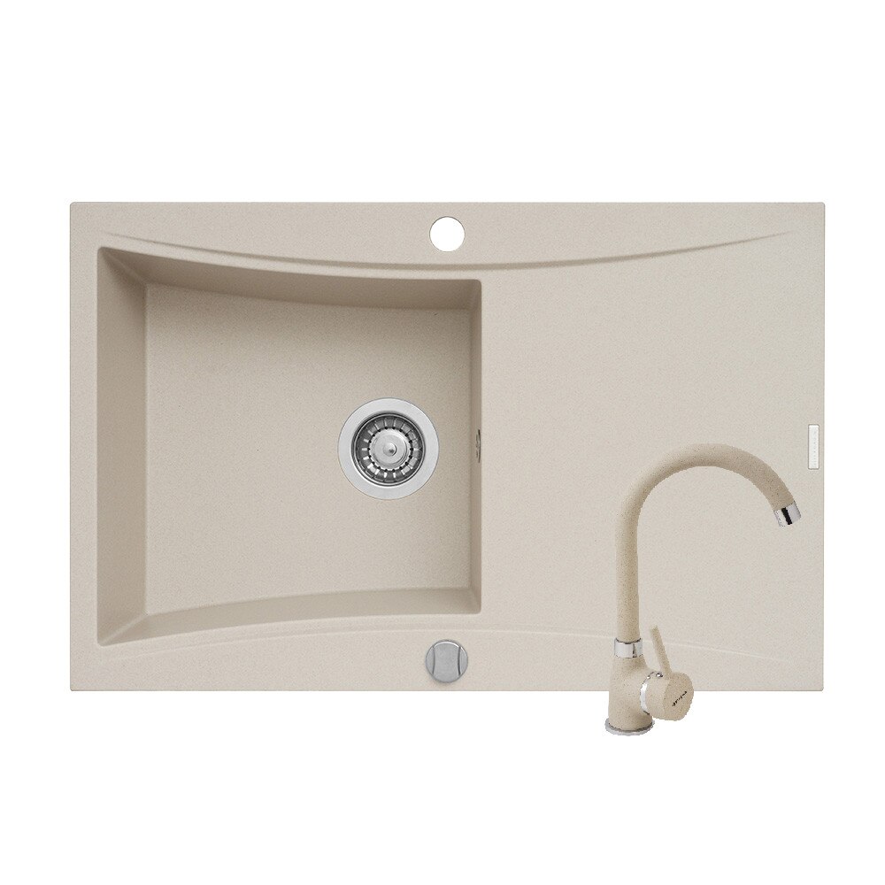 Set Pyramis chiuveta SOFTLINE si baterie BELLO, 790x510mm, 1 cuve si 1 picurator, adancime 180mm, reversibila, finisaj granit bej