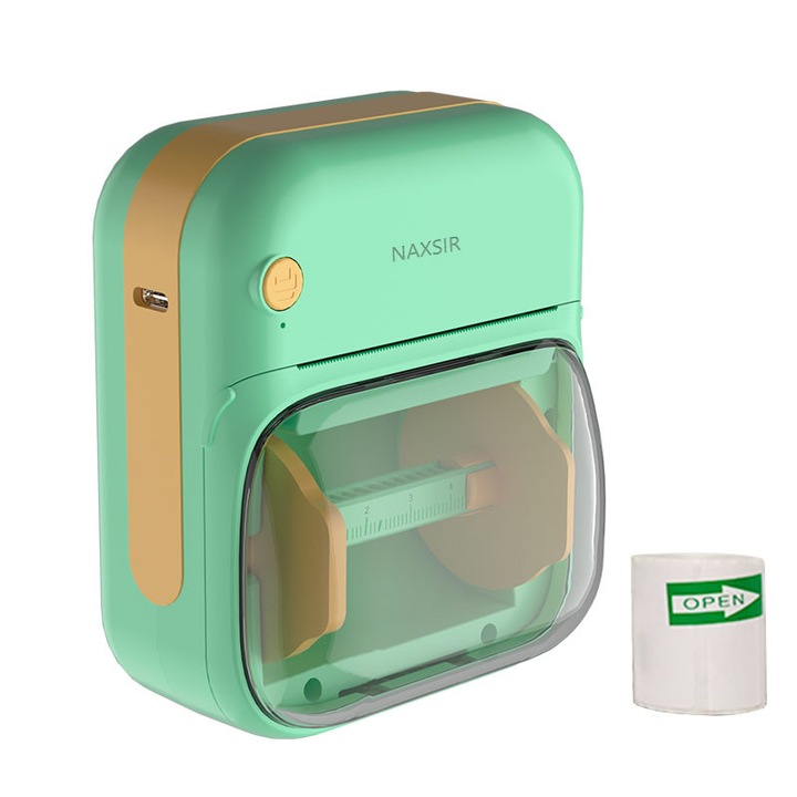 Преносим термопринтер за етикети, NAXSIR, приложение, съвместим с iOS/Android, не е необходимо мастило, с 40x20 mm етикетна ролка, 200 dpi, 1200 mAh, зелен