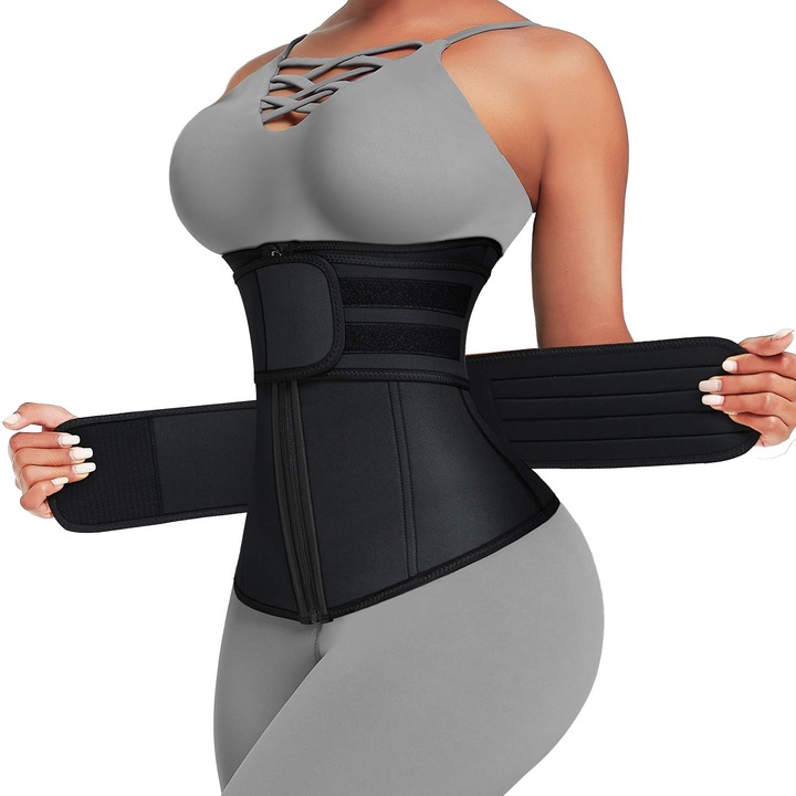 Centura de slabit, tip corset, AllizBan®, refacere postnatala, suport lombar, compresie dubla, talie si abdomen, neopren, modelare, corector postura, negru, marime XL