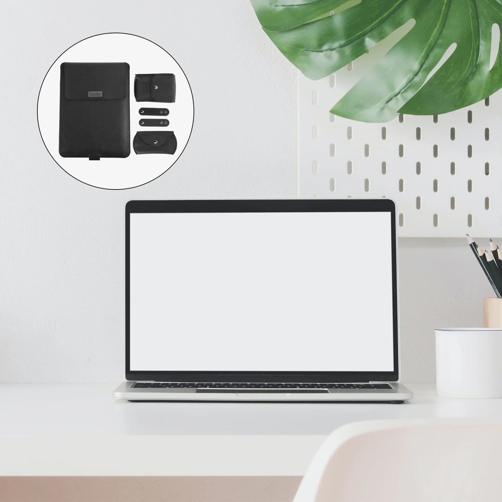 Set geanta laptop, neagra, 38.50x28.30x0.20cm, din PU, TPU si plus, cu suport, include geanta pentru cabluri si geanta pentru mouse