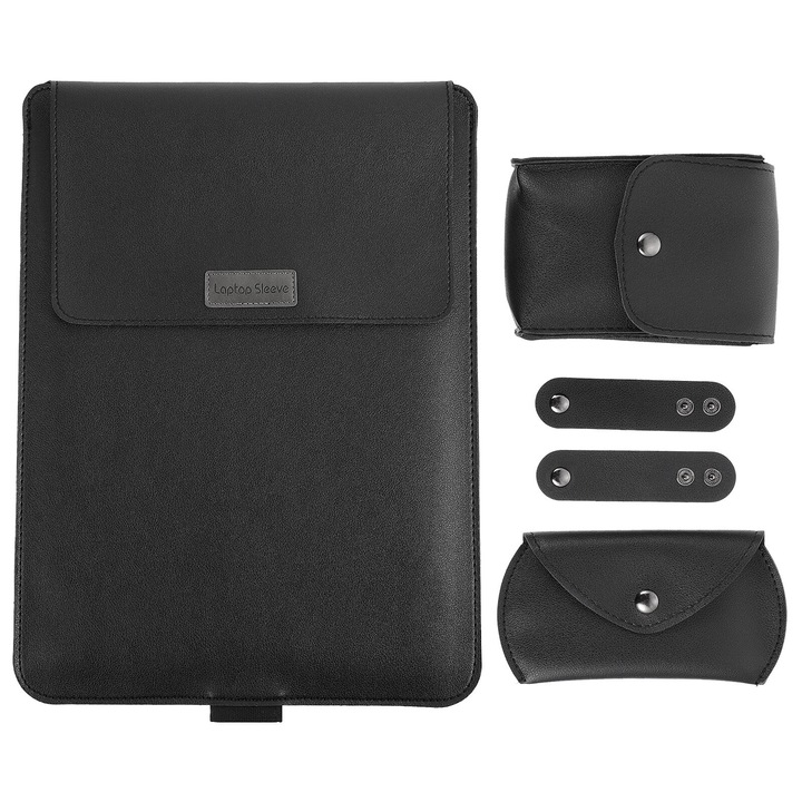Set geanta laptop, neagra, 38.50x28.30x0.20cm, din PU, TPU si plus, cu suport, include geanta pentru cabluri si geanta pentru mouse