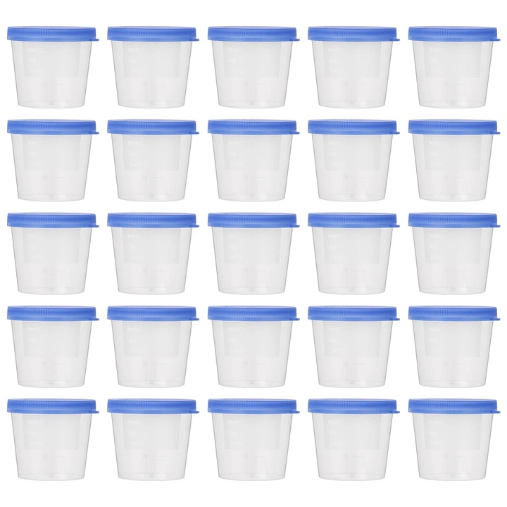 Set 50 recipiente pentru urina din plastic, 40ml, capac albastru, transparent, colectare probe