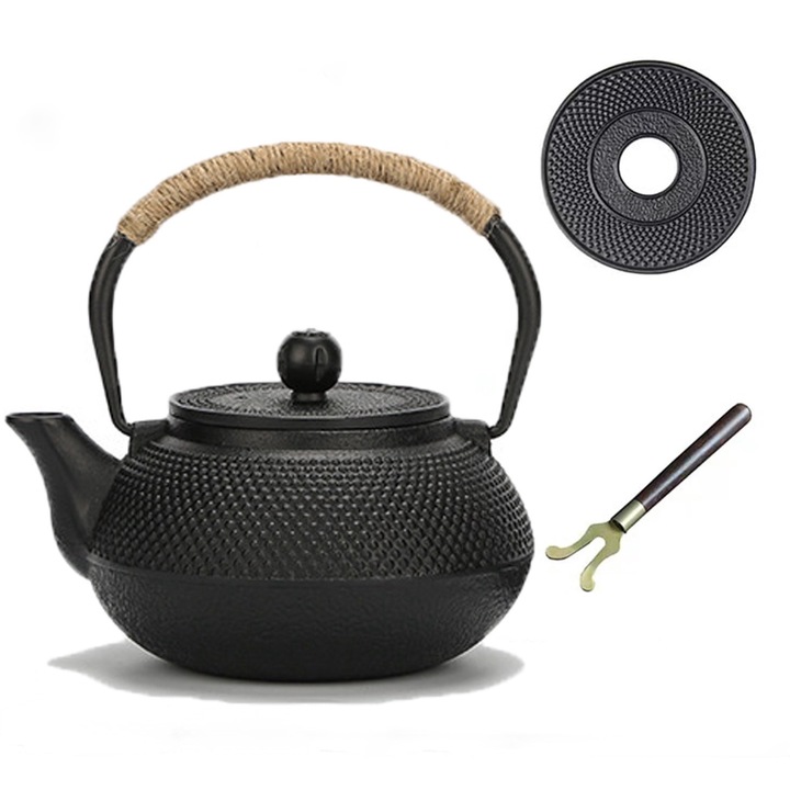 Железен комплект чайник, издръжлив чугунен чайник с цедка за чай, за насипен чай, изцяло емайлиран интериор, котлон, 600 ml, с поставка за тенджера и вилица