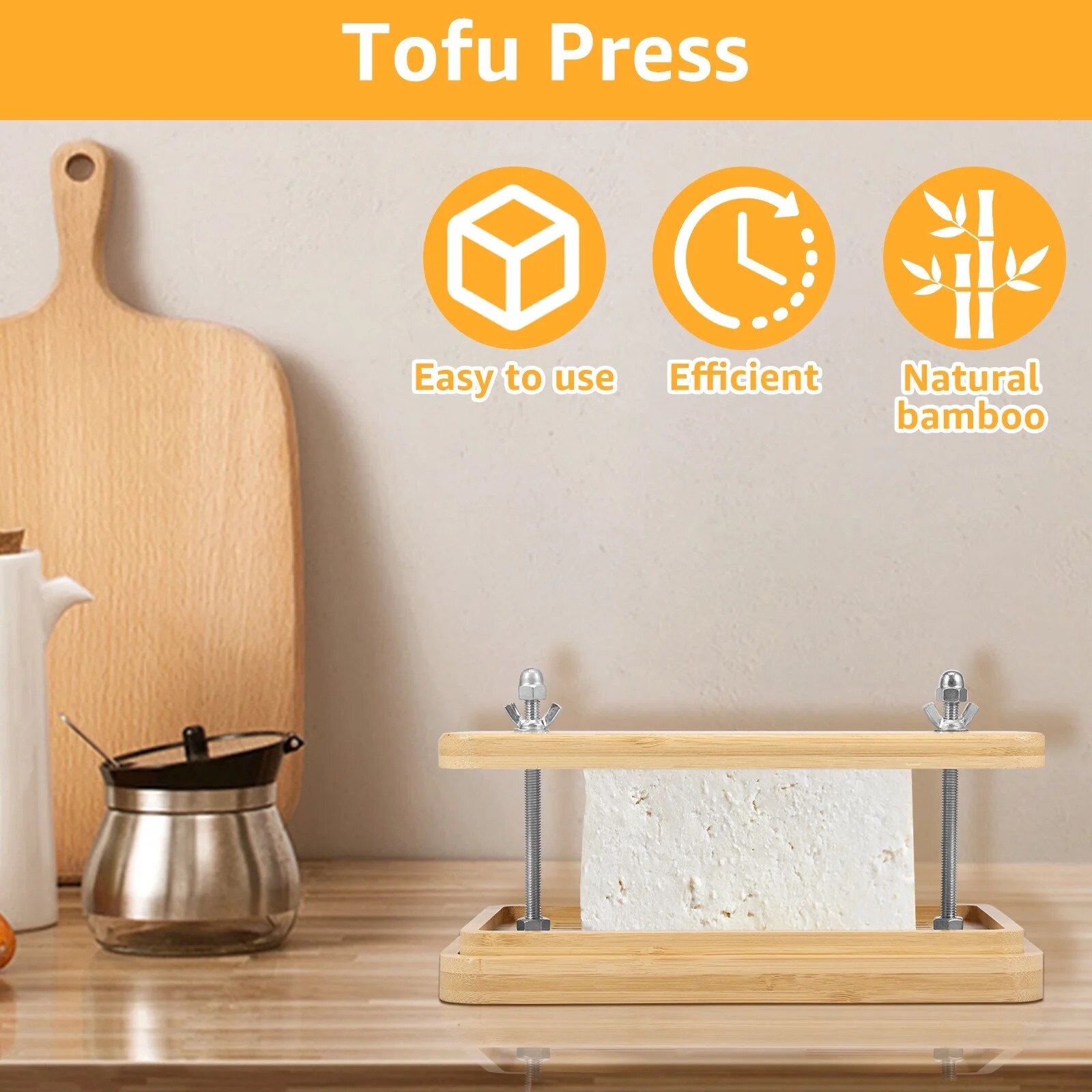 Presa de Tofu, cu Strainer si Tava de Picurare, 26x15cm, Culoare Bambus si  Lemn - eMAG.ro