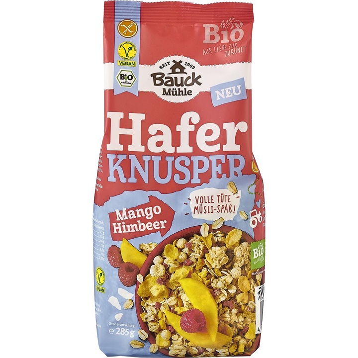 Musli crocant cu ovaz, mango si zmeura, fara gluten bio, 285g