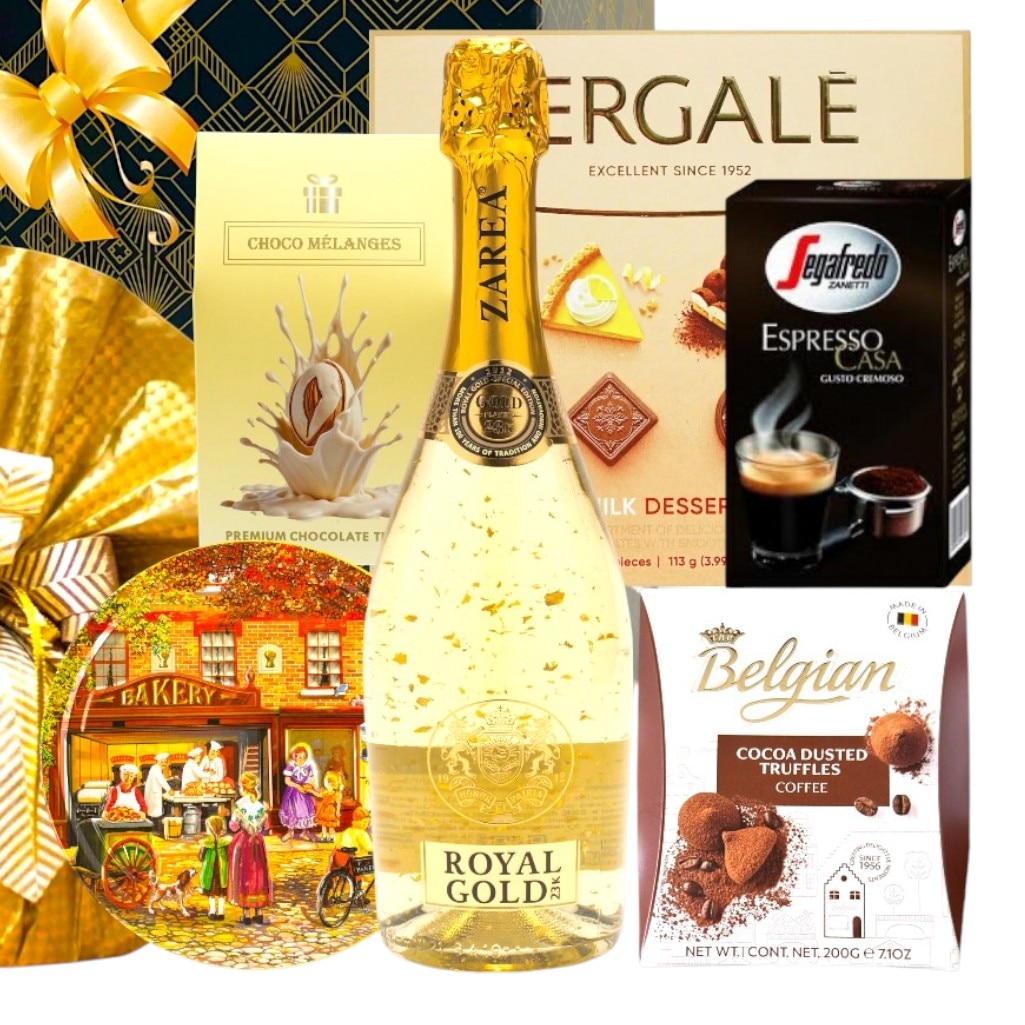Pachet cadou Craciun Zarea Royal Gold, cos cadou Craciun cu vin