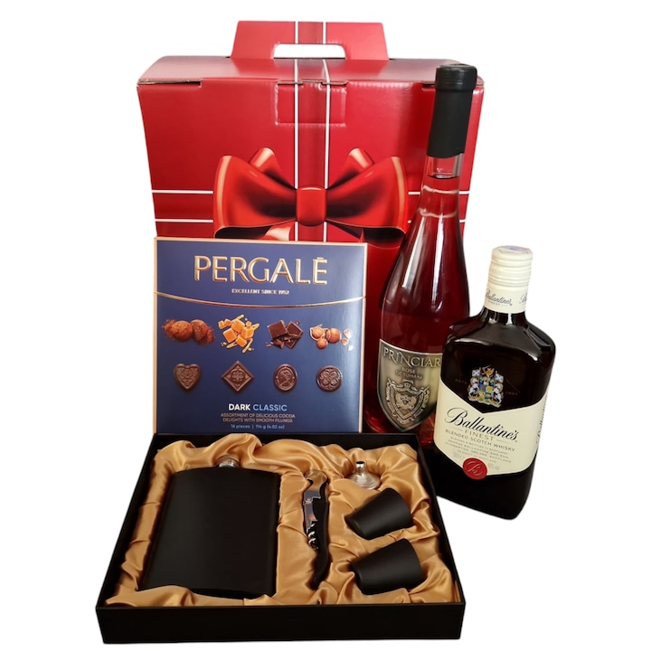 Pachet Cadou pentru barbati cu Set Black plosca, tirbuson, shot-uri, palnie, Whisky, Vin Princiar