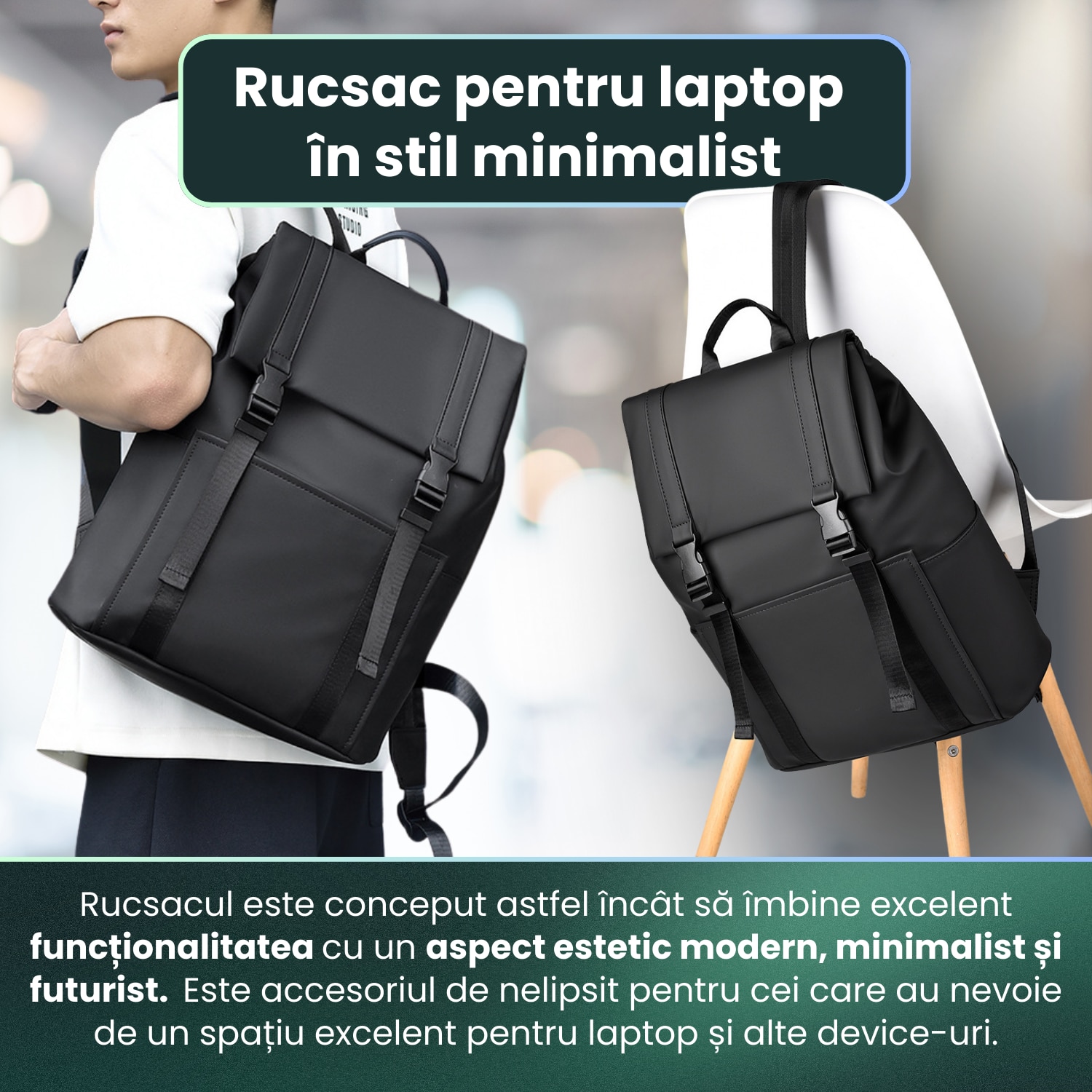 Rucsac Laptop, HITTERGEM® UrbanShield Minimalist pentru Birou, Rucsac Laptop 15.6 Inch din Polyester Premium Rezistent si Impermeabil, Rucsac Laptop cu Design Futurist pentru Uz Zilnic, Stil Urban Modern, Negru 42x32x14 cm