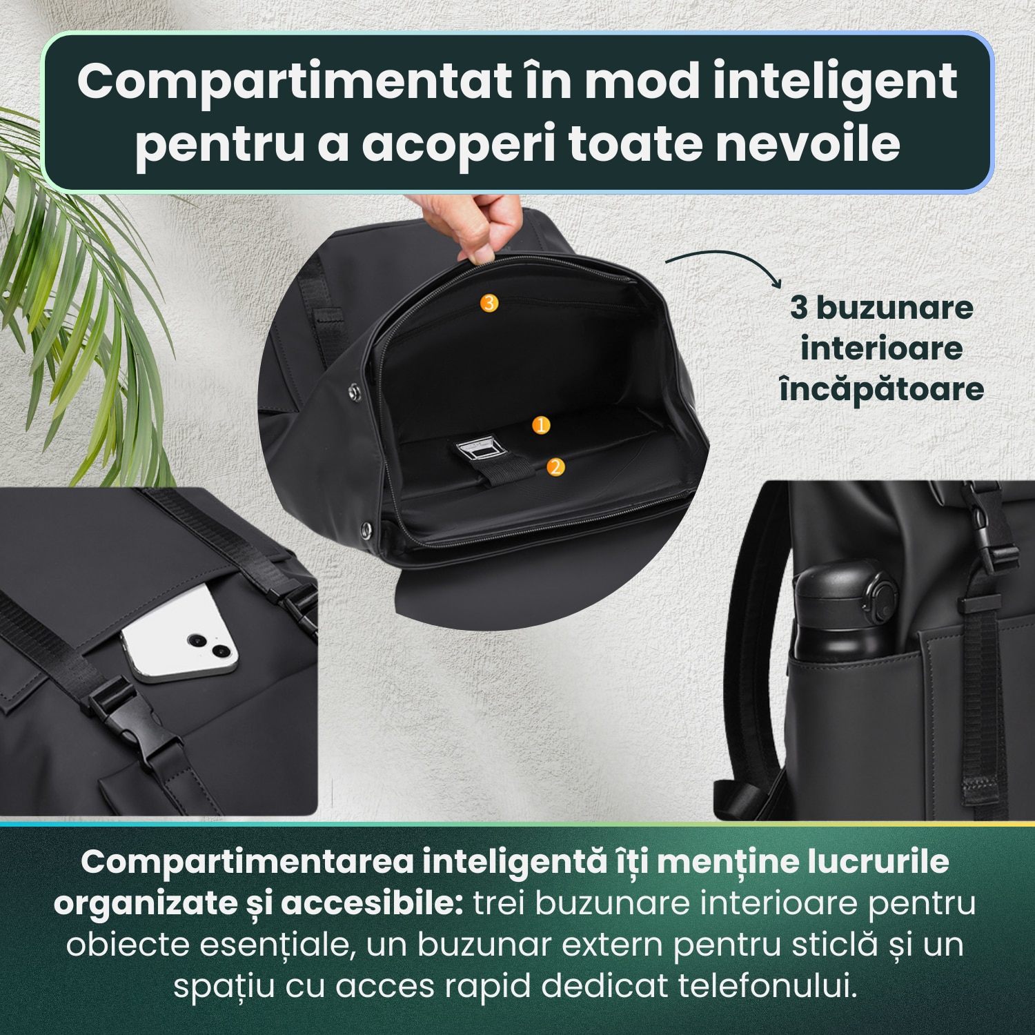 Rucsac Laptop, HITTERGEM® UrbanShield Minimalist pentru Birou, Rucsac Laptop 15.6 Inch din Polyester Premium Rezistent si Impermeabil, Rucsac Laptop cu Design Futurist pentru Uz Zilnic, Stil Urban Modern, Negru 42x32x14 cm