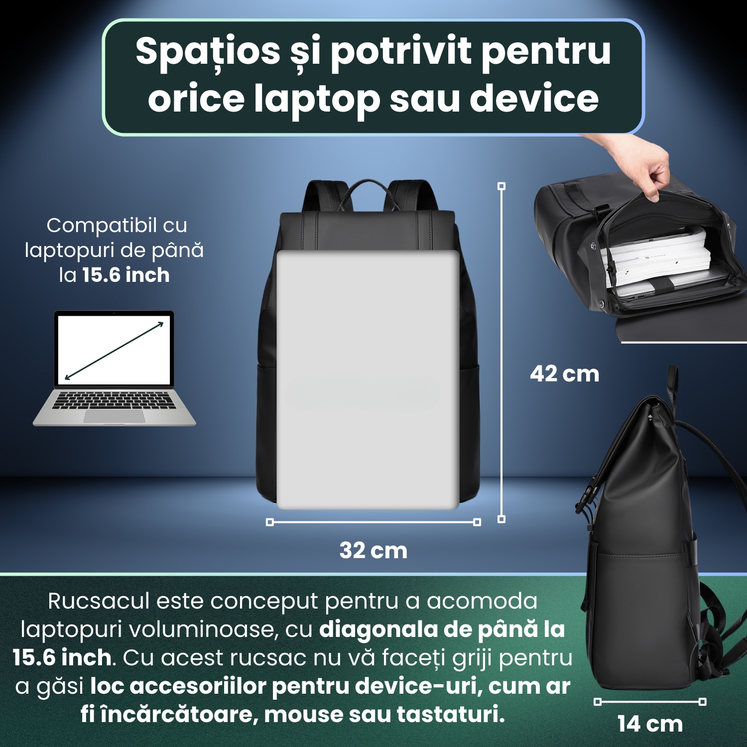 Rucsac Laptop, HITTERGEM® UrbanShield Minimalist pentru Birou, Rucsac Laptop 15.6 Inch din Polyester Premium Rezistent si Impermeabil, Rucsac Laptop cu Design Futurist pentru Uz Zilnic, Stil Urban Modern, Negru 42x32x14 cm