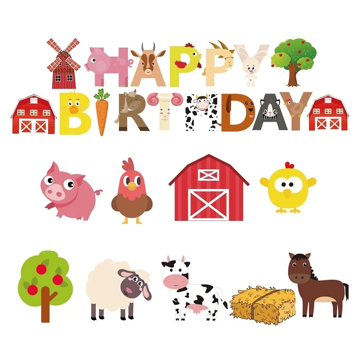 Set 26 Accesorii pentru Petrecere, Toppers si Banner cu Tema Ferma, Multicolor, 25x23x0.1cm