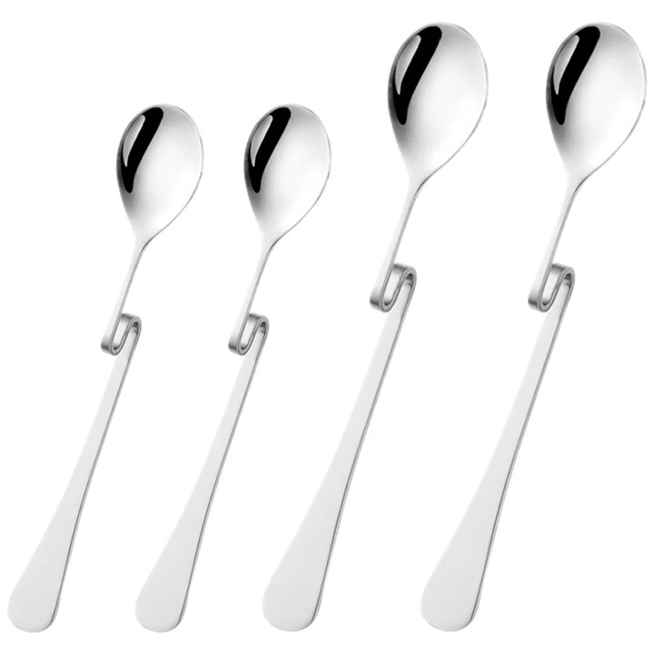 Set 4 linguri de cafea din otel inoxidabil, design curbat, multicolor, 15.50x2.60x1.00cm, 10.50x2.10x1.00cm