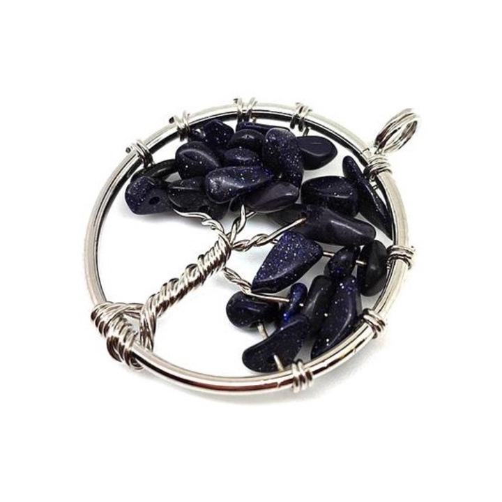 Pandantiv Copacul Vietii cu fir, Goldstone albastru, 3cm