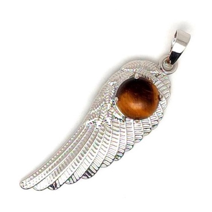 Pandantiv dama, R.M. ékszer, Metalic cu aripa de inger si ochi de tigru 15x45mm