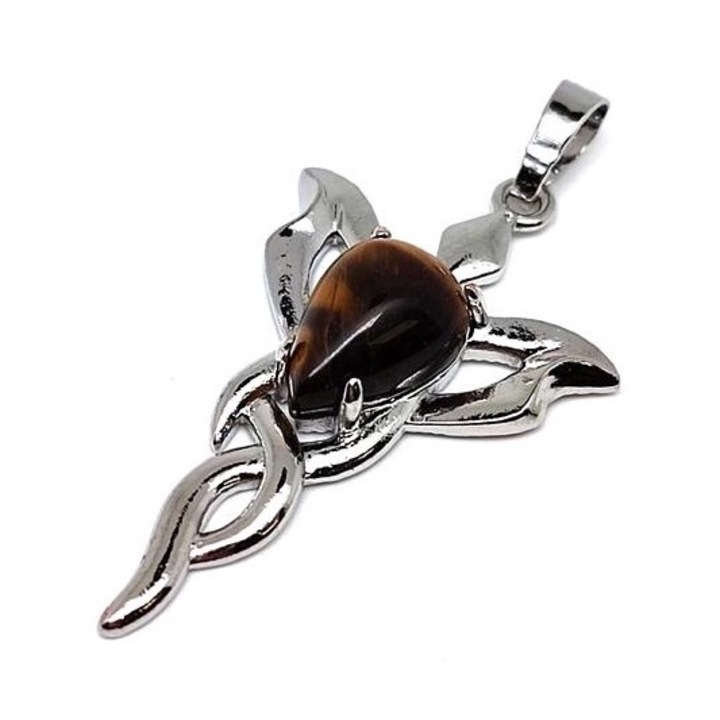 Bijuterie dama, R.M. Ekszer, Pandantiv metalic trifoi Ochi de Tigru 2.5x4cm