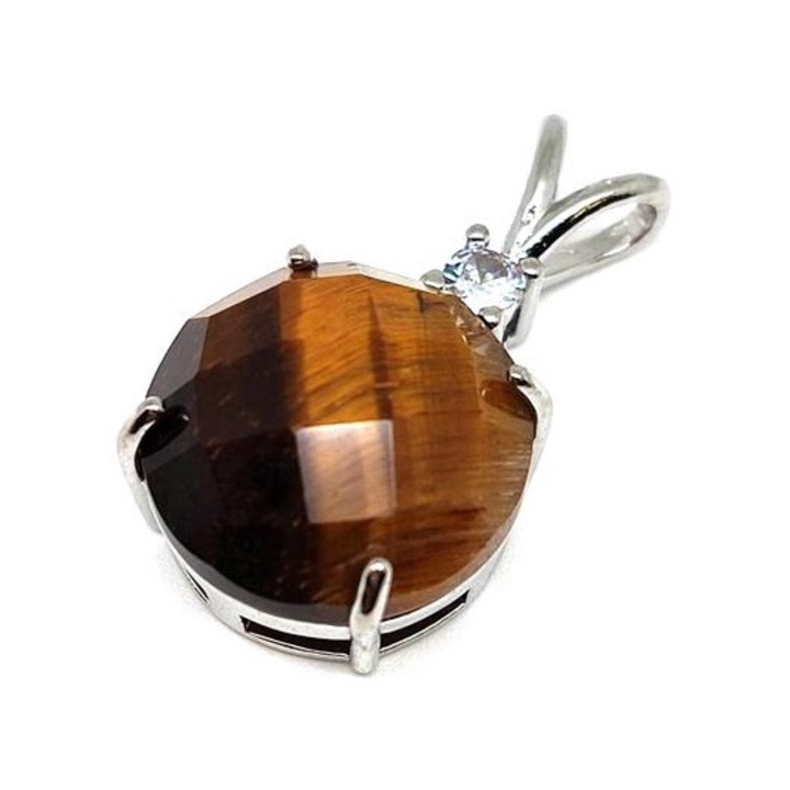 Pandantiv rotund cu fata metalica, ochi de tigru, 16 mm