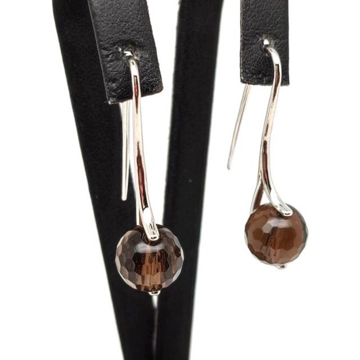 Дървени обеци с шестоъгълна топка от опушен кварц, извити висящи 10 мм