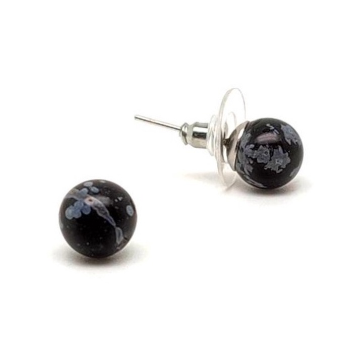 Обеци топка снежинка обсидиан 8мм