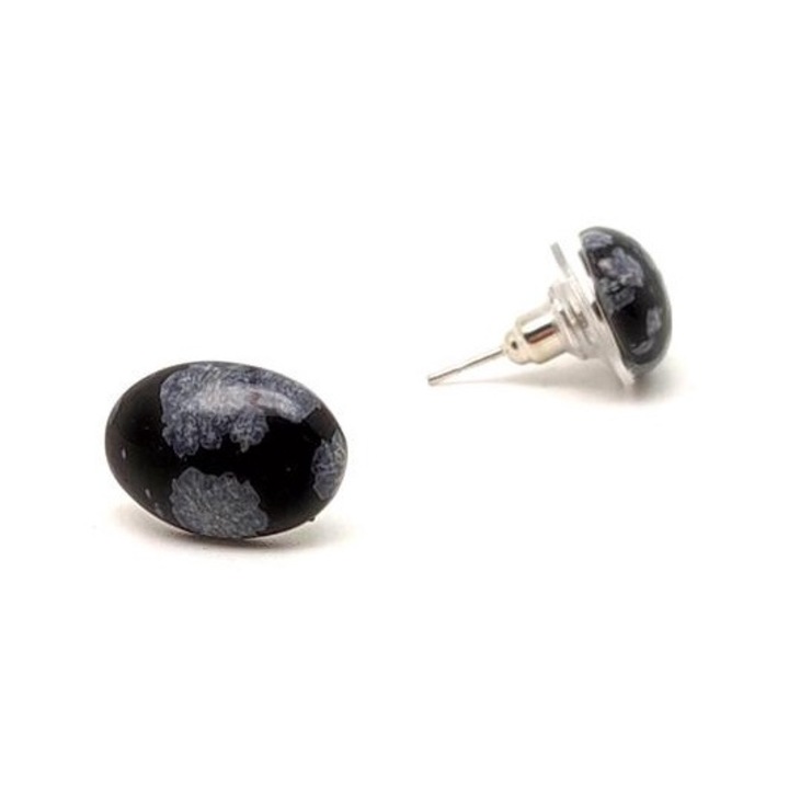 Обеци овални снежинка обсидиан 6.5x8.5мм