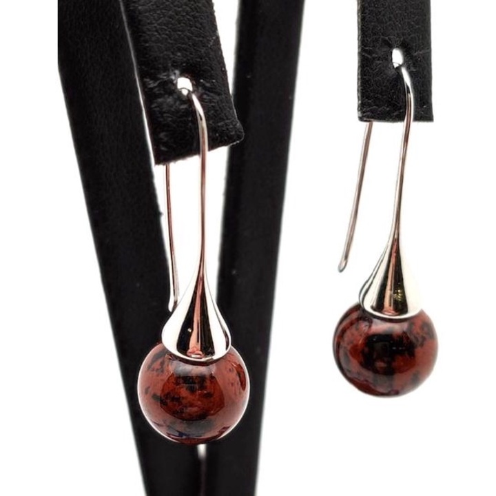 Обеци топка от махагонов обсидиан рог висящи 10 мм