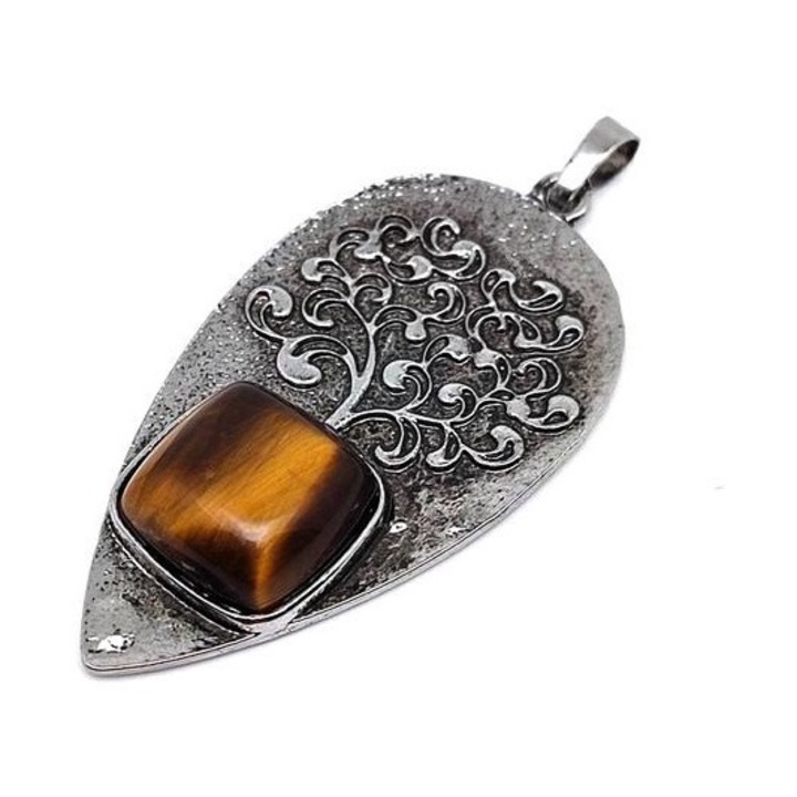 Bijuterie dama, R.M. ékszer, Pandantiv metalic cu ochi de tigru, copacul vietii, 3x5cm