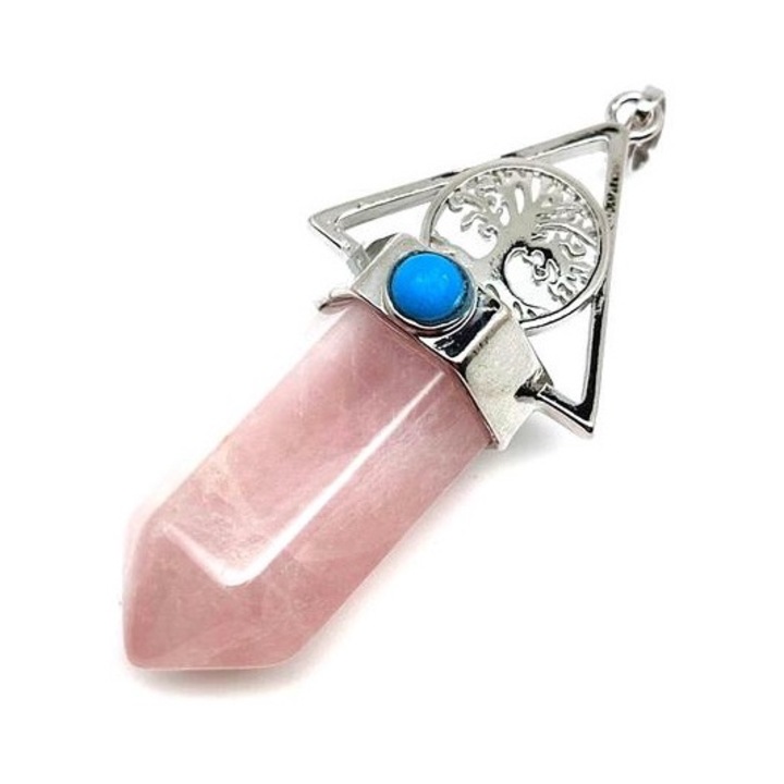 Висулка от розов кварц с горен метал, дърво на живота, 3x5.5 см