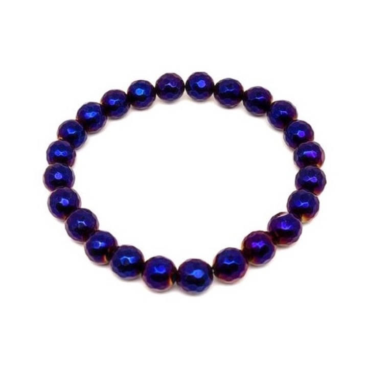 Bratara cu agat hexagonal fatetat, aura, bila violeta, 7-8 mm