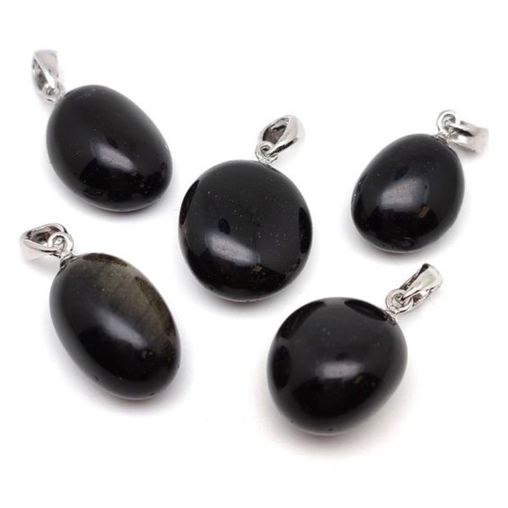 Сребърен медальон, С обсидиан, Полиран