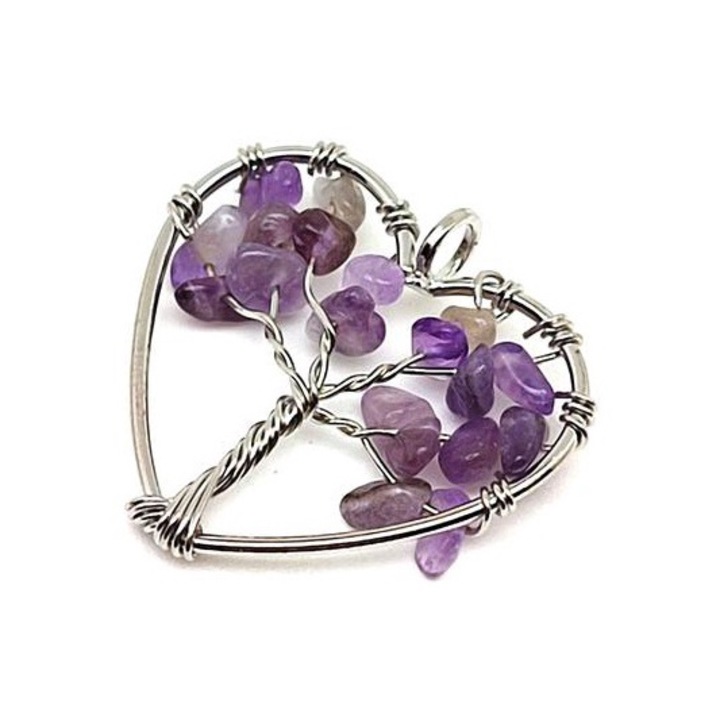 Életfa medál drótos szív Ametiszt 3cm