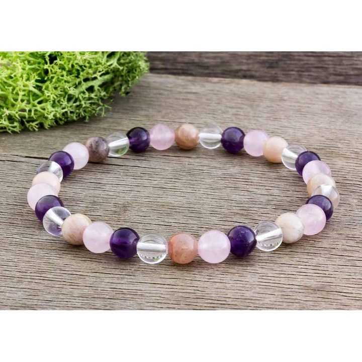 Гривна от лунен камък аметист, розов кварц и минерал планински кристал