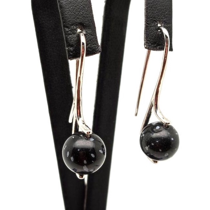 Обеци топка снежинка обсидиан извити висящи 10-11мм