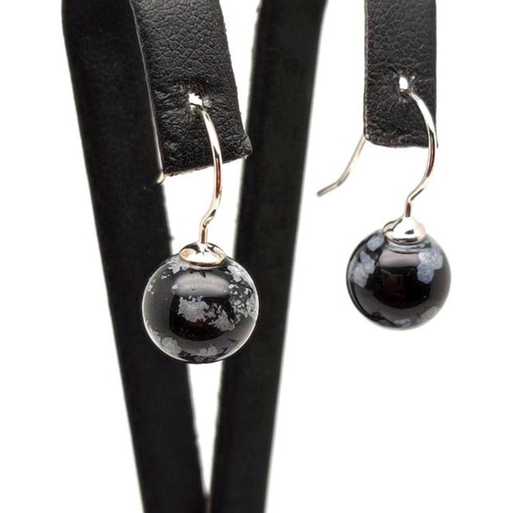 Обеци топка снежинка обсидиан тапа 10-10.5 мм