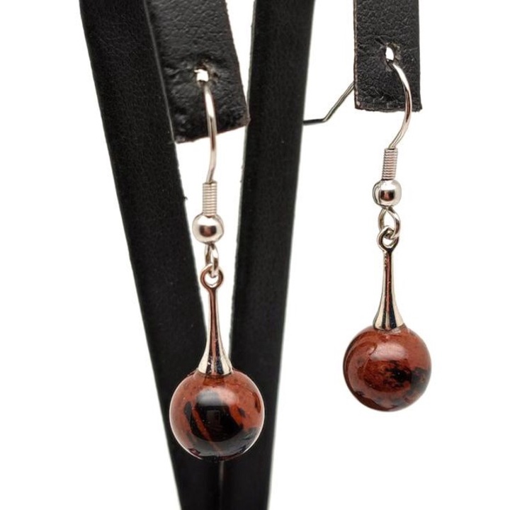 Обеци топче махагонов обсидиан малка пръчица висящи 10-11 мм