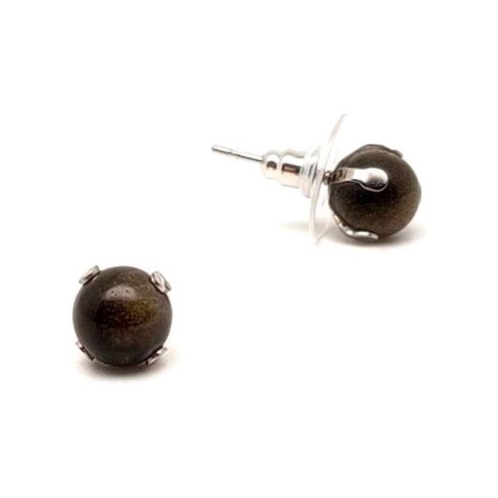 Обеци стоманени нокти топчета сребро обсидиан 10мм