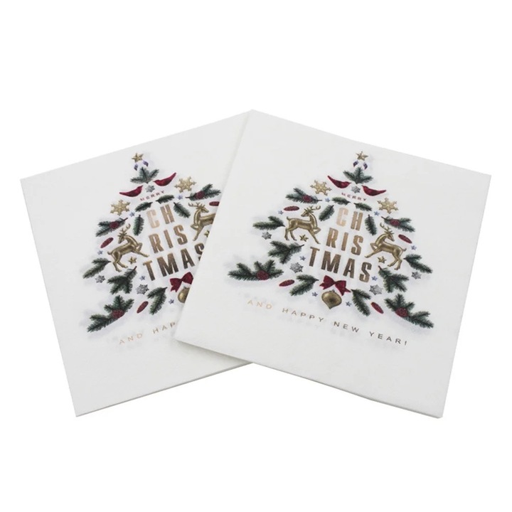 Set 40 prosoape de hartie imprimate, tema Craciun, multicolor, 33x33cm