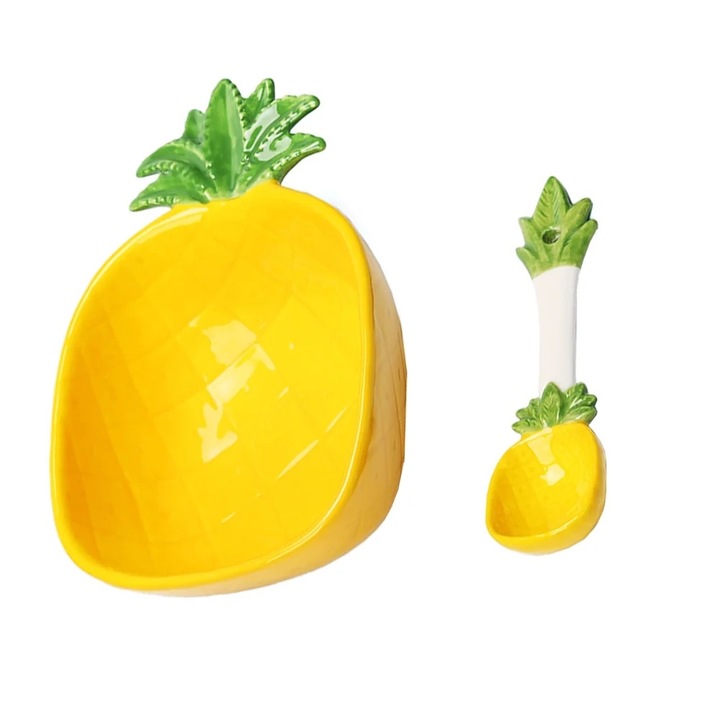 Set boluri si lingurita pentru copii, design ananas, ceramica, 300ml, multicolor