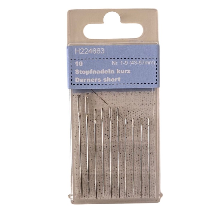 Set de 10 buc. ace de cusut manual, cu ochi mari, de la #1 la #9, lungime 43 mm. pana la 57 mm., argintie