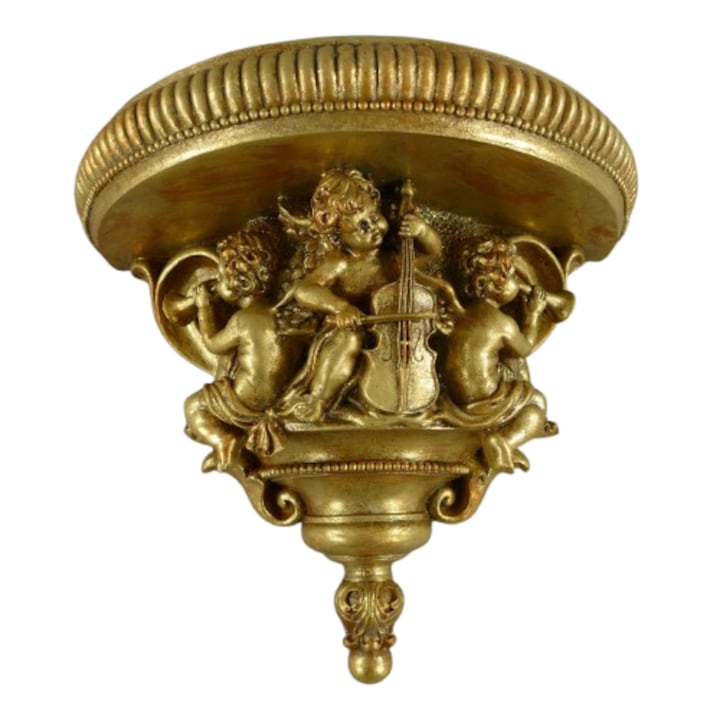 Consola de perete decorativa, model baroc, aurie, sculptura ingerasi, H. 34 x 40 cm