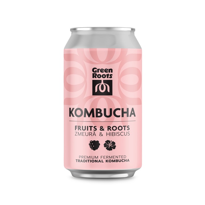Bautura racoritoare Kombucha Green Roots, FRUITS & ROOTS - Zmeura & HIBISCUS, bautura fermentata, 0.33 l