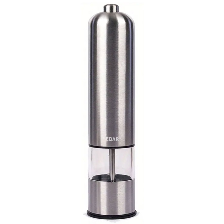 Rasnita Electrica EDAR Cu Un Compartiment Si Functionare Pe Baterii, Pentru Sare, Piper, Condimente, Nivel Macinare Reglabil, Din Inox, 22 x 5 Cm, Argintiu