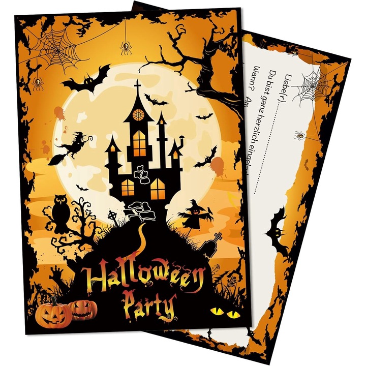 Set de 20 invitatii de Halloween cu plicuri, cu text in limba germana, Multicolor