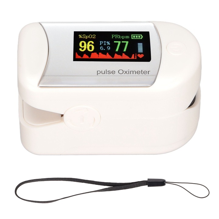 Pulsoximetru Enforose, cu 4 formate de afisare grafica, lanyard, alimentare cu 2 baterii AAA