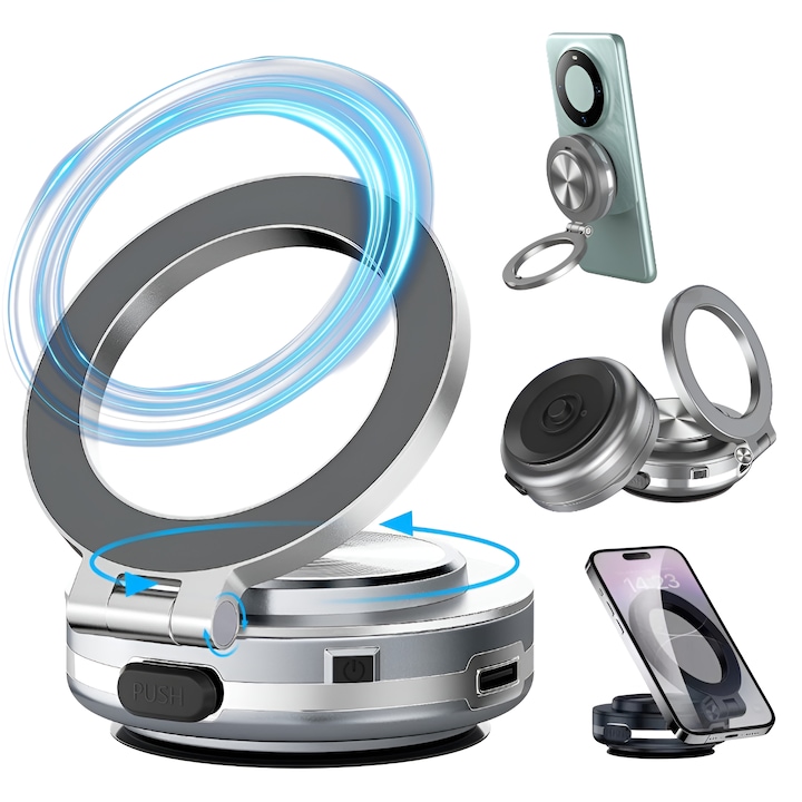 Telefontartó elektromos tapadókoronggal és erős N55 mágnessel, Salestore® – 360°-ban elforgatható és 270°-ban összecsukható, stabil rögzítés, 2,5 x 6,5 x 5,8 cm, ezüst